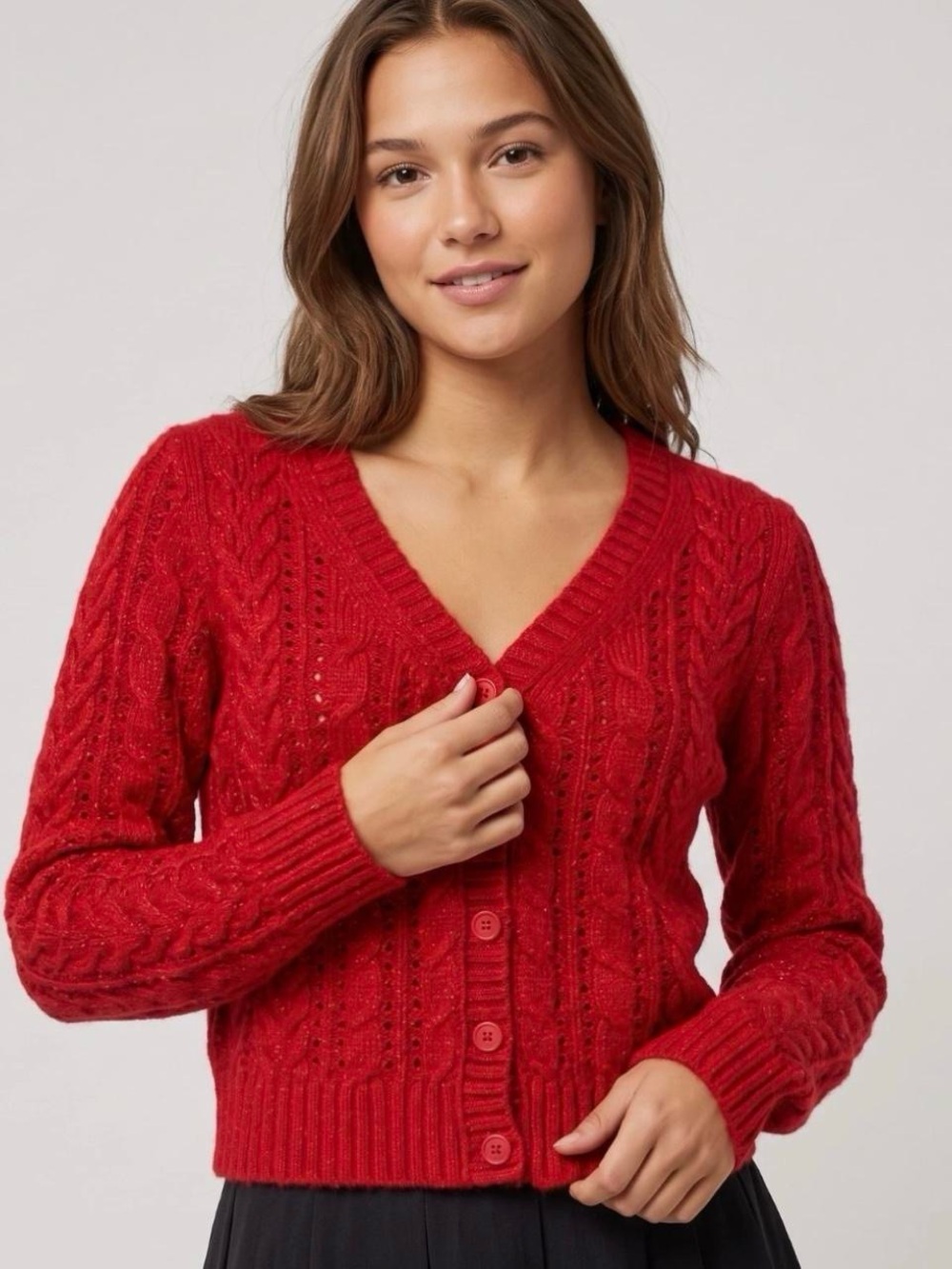 American Eagle Cable Knit Red Cropped Classic Preppy Cardigan Sweater XS